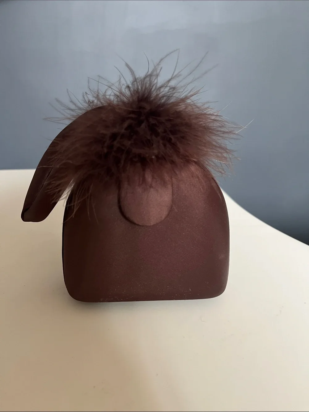 Cache Brown Satin Minaudière clutch with Feather Pom